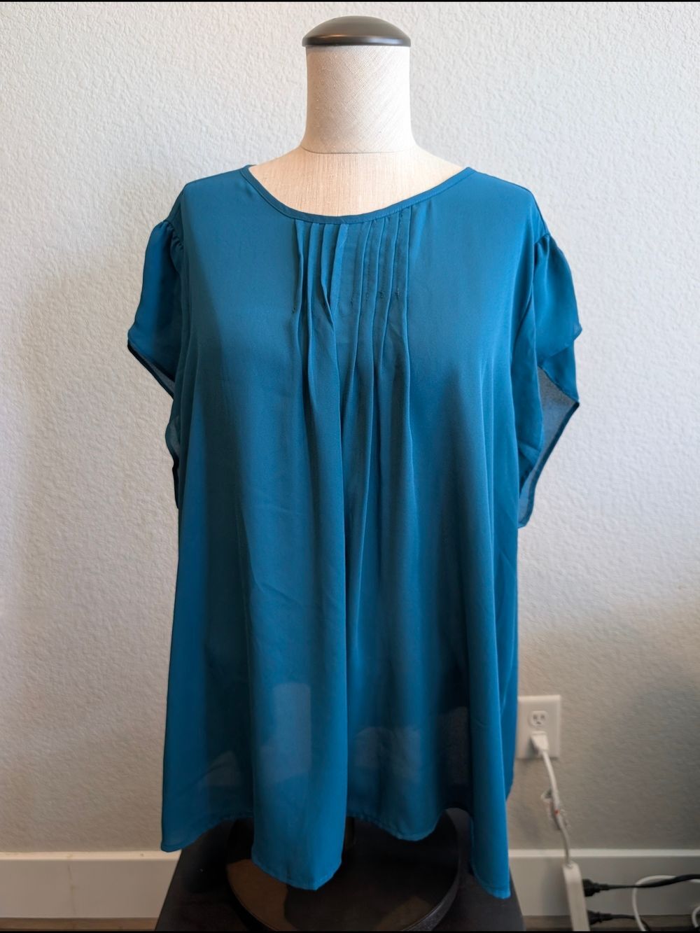 fun 2 fun Teal Pleated Cap-Sleeve Blouse Sz 3XL